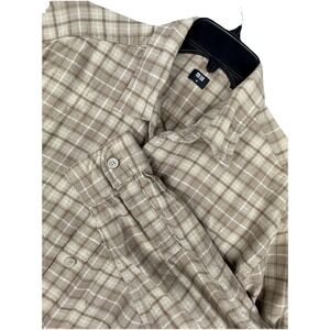 Uniqlo Flannel Shirt Mens Medium Brown White Plaid Button Up Long Sleeve Casual